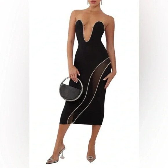 Heiress Beverly Hills Plunge Neck Strapless Midi Dress - Picture 1 of 8